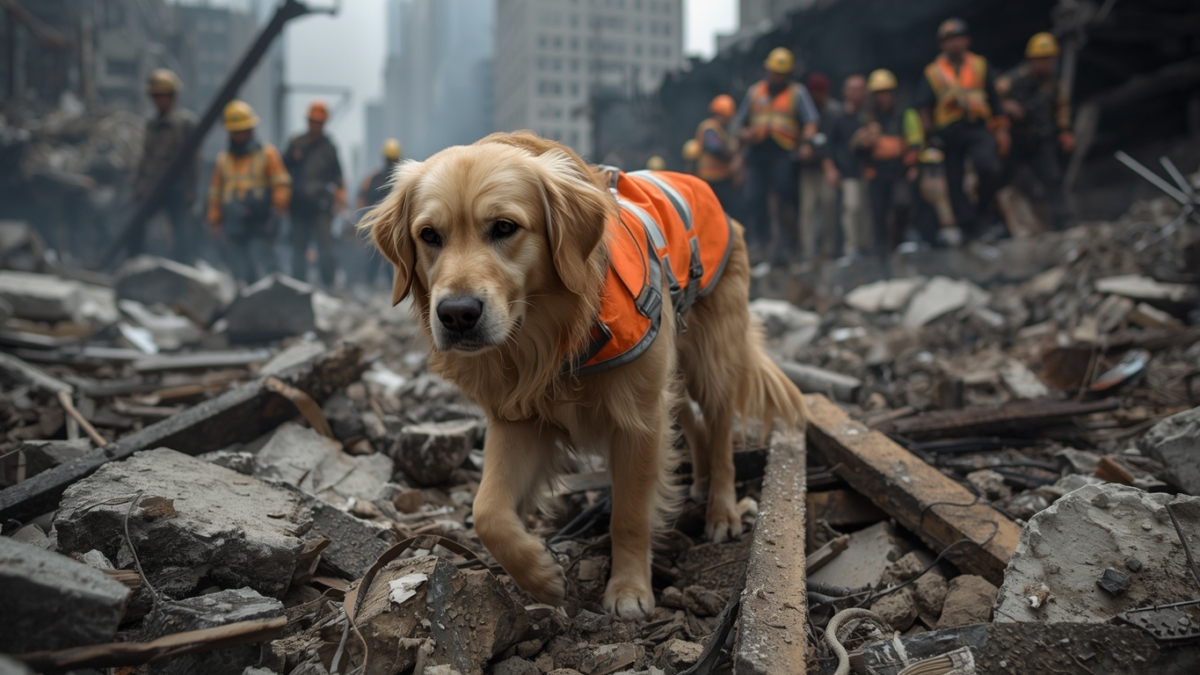 A FEMA-certified rescue dog searching rubble at Ground Zero after the 9/11 attacks