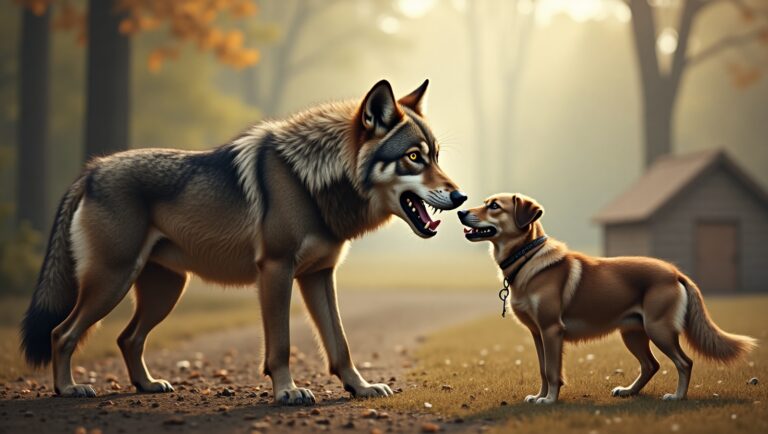 An ancient wolf transitioning into a modern dog, symbolizing the evolutionary journey from wild predator to domesticated companion.