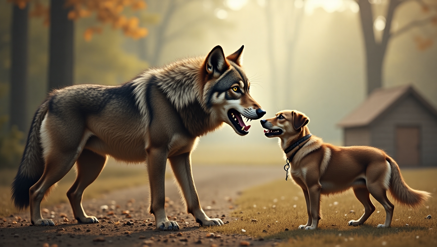 An ancient wolf transitioning into a modern dog, symbolizing the evolutionary journey from wild predator to domesticated companion.