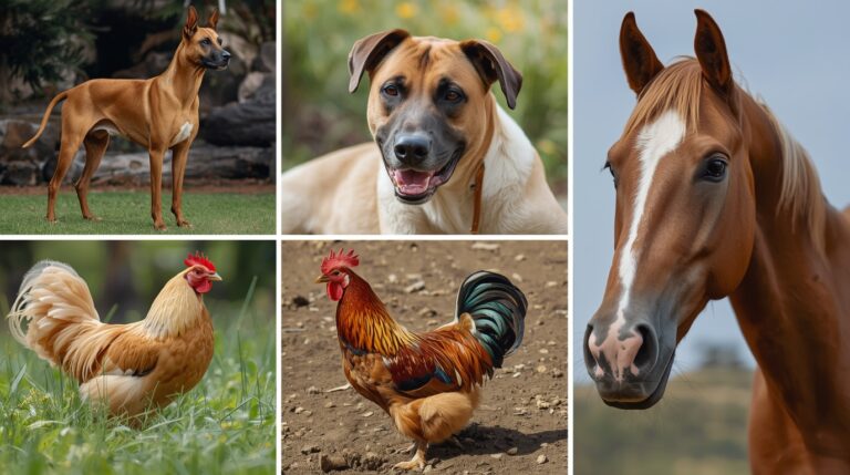 Basenji dog, Egyptian Mau cat, and Arabian horse representing ancient animal breeds still alive today