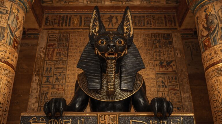 Jackal-headed god Anubis guarding a pharaoh’s tomb in ancient Egyptian burial chamber