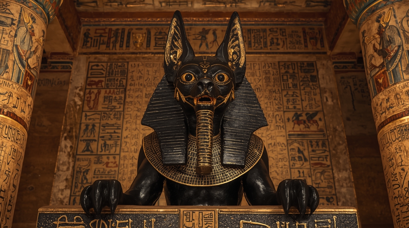 Jackal-headed god Anubis guarding a pharaoh’s tomb in ancient Egyptian burial chamber