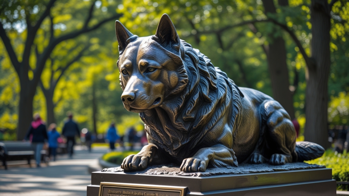 Bronze statue of Balto, the sled dog hero of the 1925 serum run, standing on a rock in New York City’s Central Park