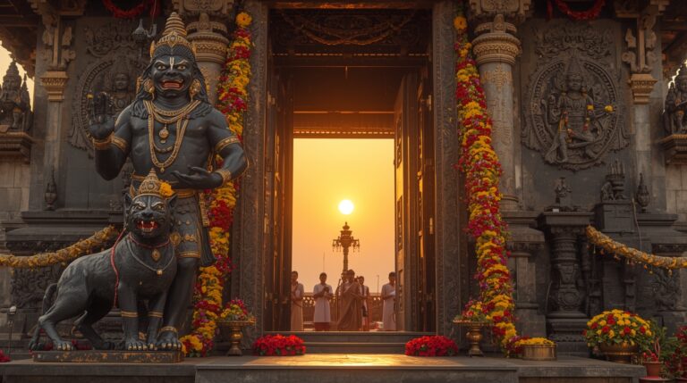 A statue of Bhairava accompanied by a black dog outside a Hindu temple in India