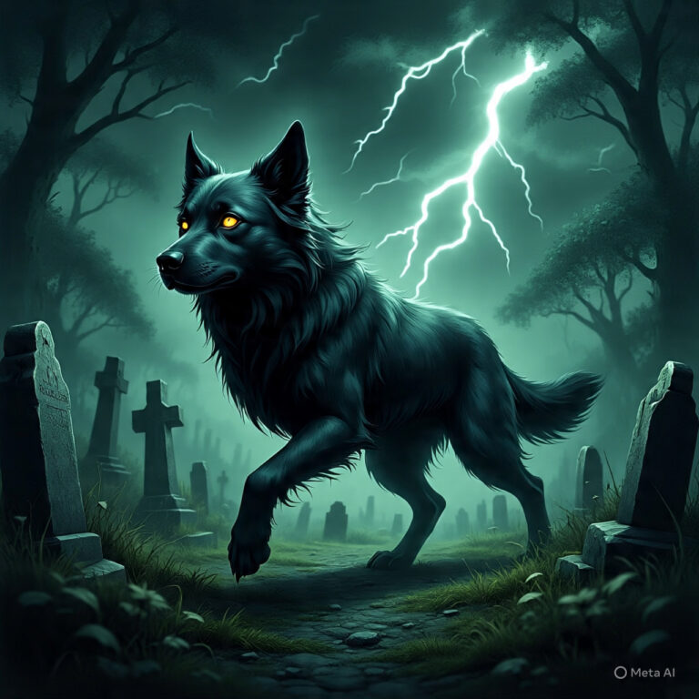 Illustration of Black Shuck, a giant black dog with glowing red eyes in a stormy English graveyard