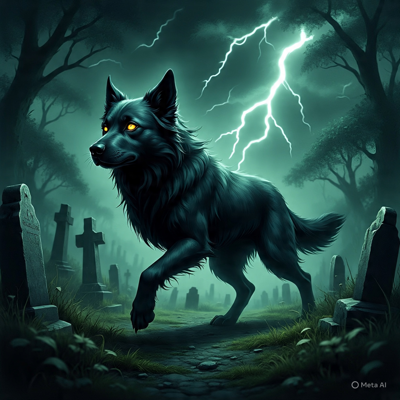 Illustration of Black Shuck, a giant black dog with glowing red eyes in a stormy English graveyard