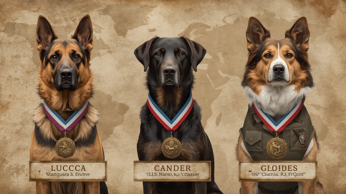 Dogs receiving medals for bravery including military service, rescue missions, and disaster response