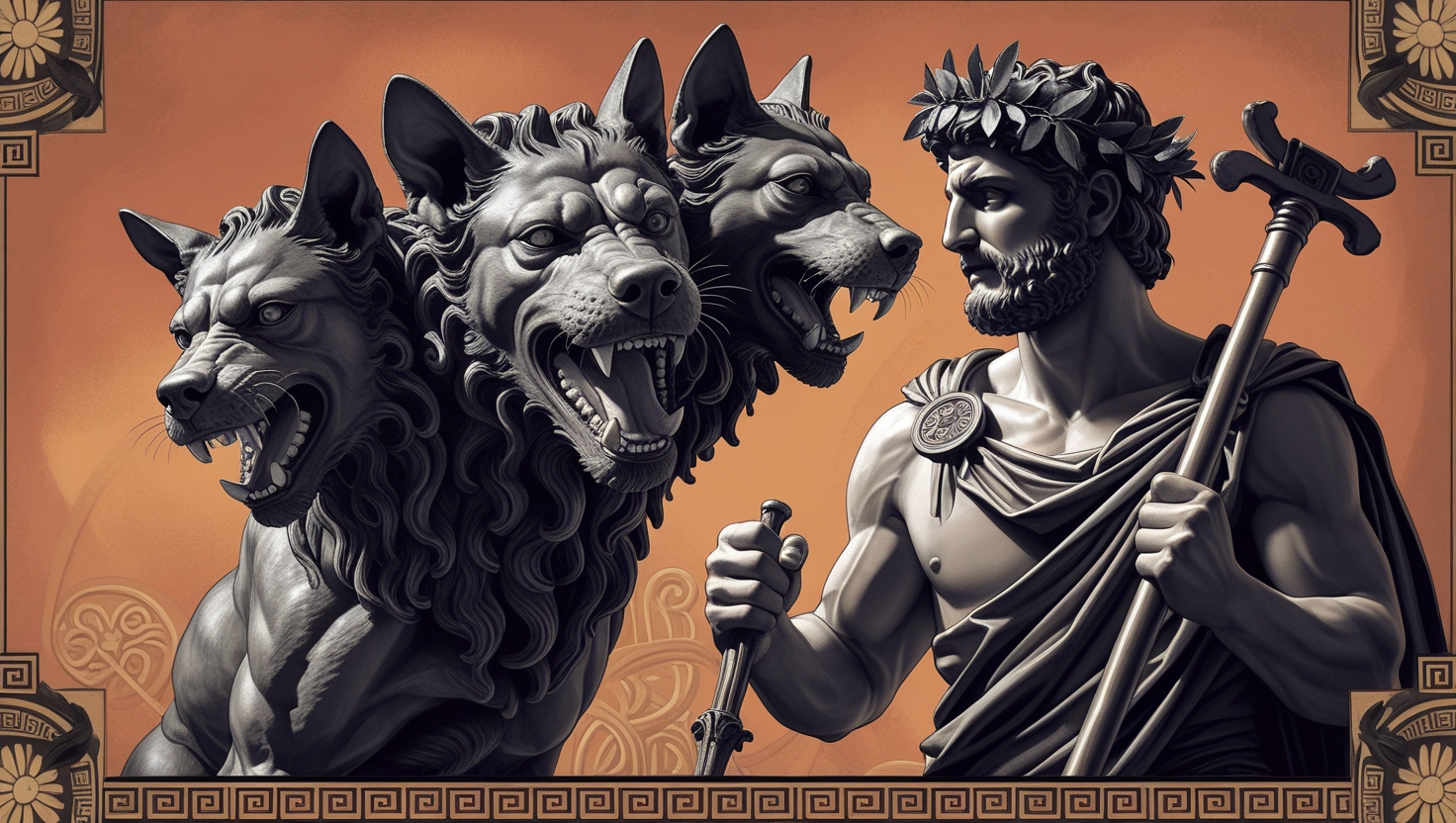 Three-headed dog Cerberus guarding the gates of the Underworld in ancient Greek vase artwork