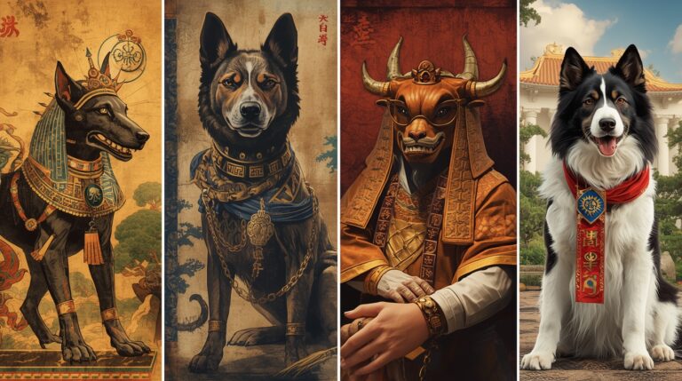 Illustration of famous symbolic dogs from global history, including Anubis, Cerberus, Hachikō, Komainu, and modern therapy dogs