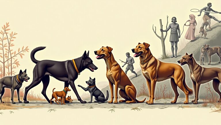 Illustration showing the domestication of dogs from ancient wolves to modern breeds over a 20,000-year timeline of human-canine evolution