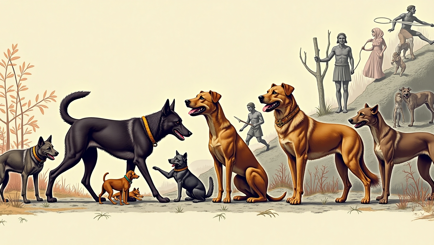 Illustration showing the domestication of dogs from ancient wolves to modern breeds over a 20,000-year timeline of human-canine evolution