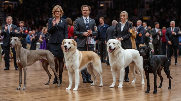 Well-groomed dogs with handlers in a competitive dog show arena