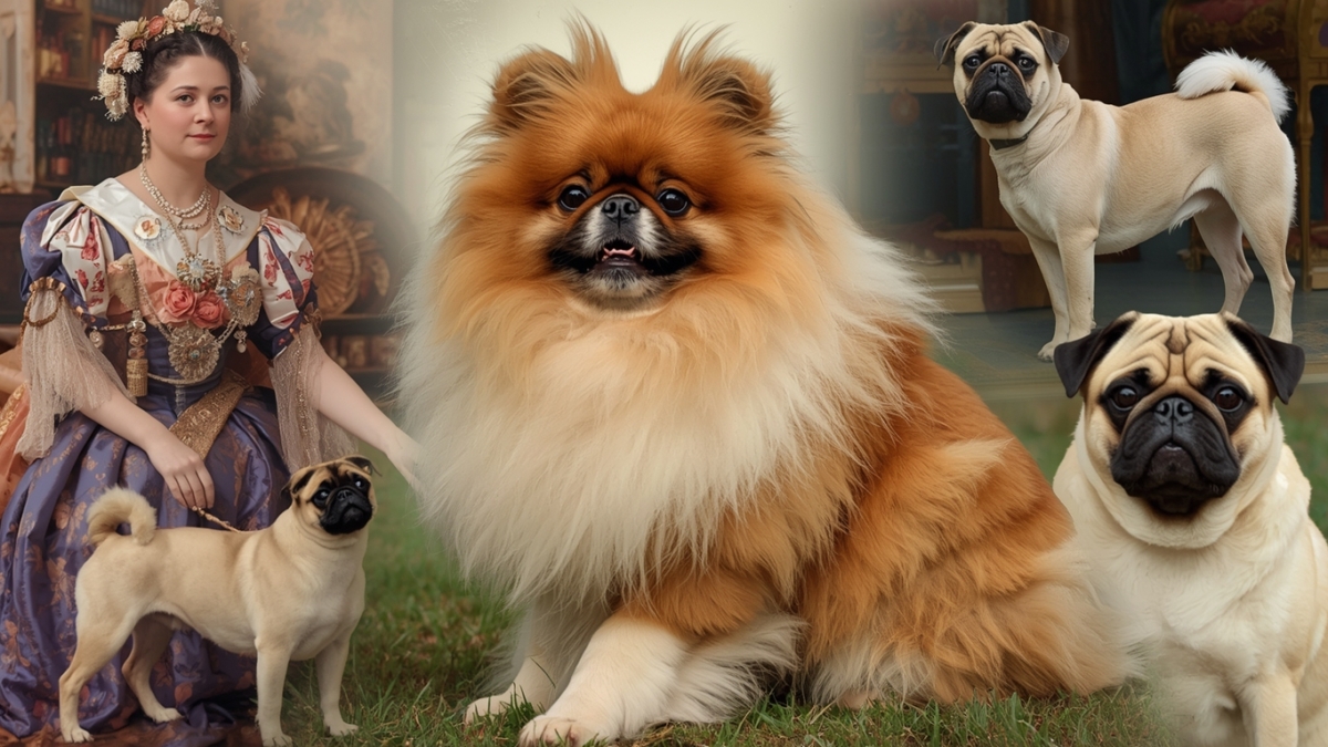 Queen Victoria with a Pomeranian, a Victorian dog show, and classic Bulldog and Spaniel breeds