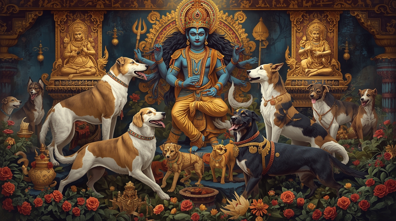 Sacred dogs in Hindu mythology with deities and temple backdrops in Ancient India