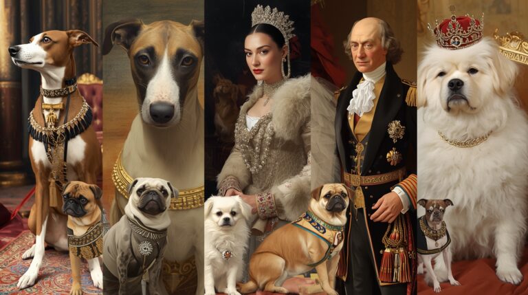 Historical depiction of dogs as status symbols from ancient Egypt to modern luxury breeds