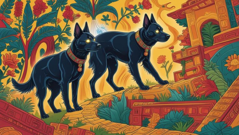 Sacred dogs in Aztec and Mayan cultures depicted as spiritual guides and mythological figures