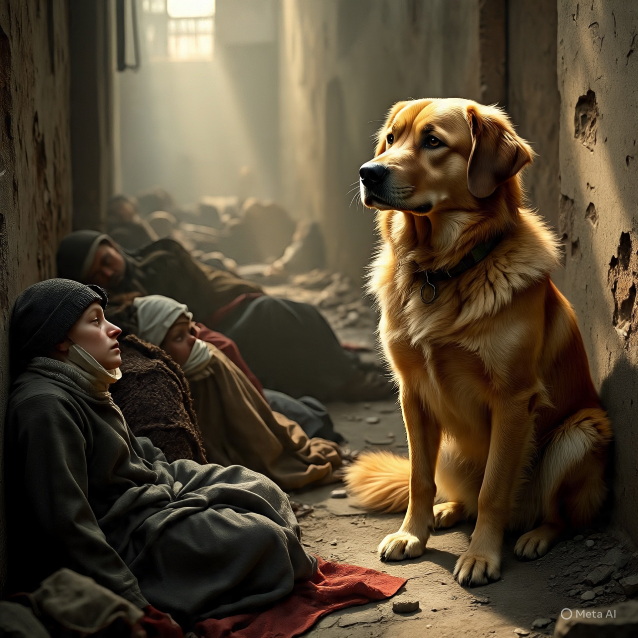 A dog sitting beside a plague cart in medieval Europe, symbolizing loyalty and folklore
