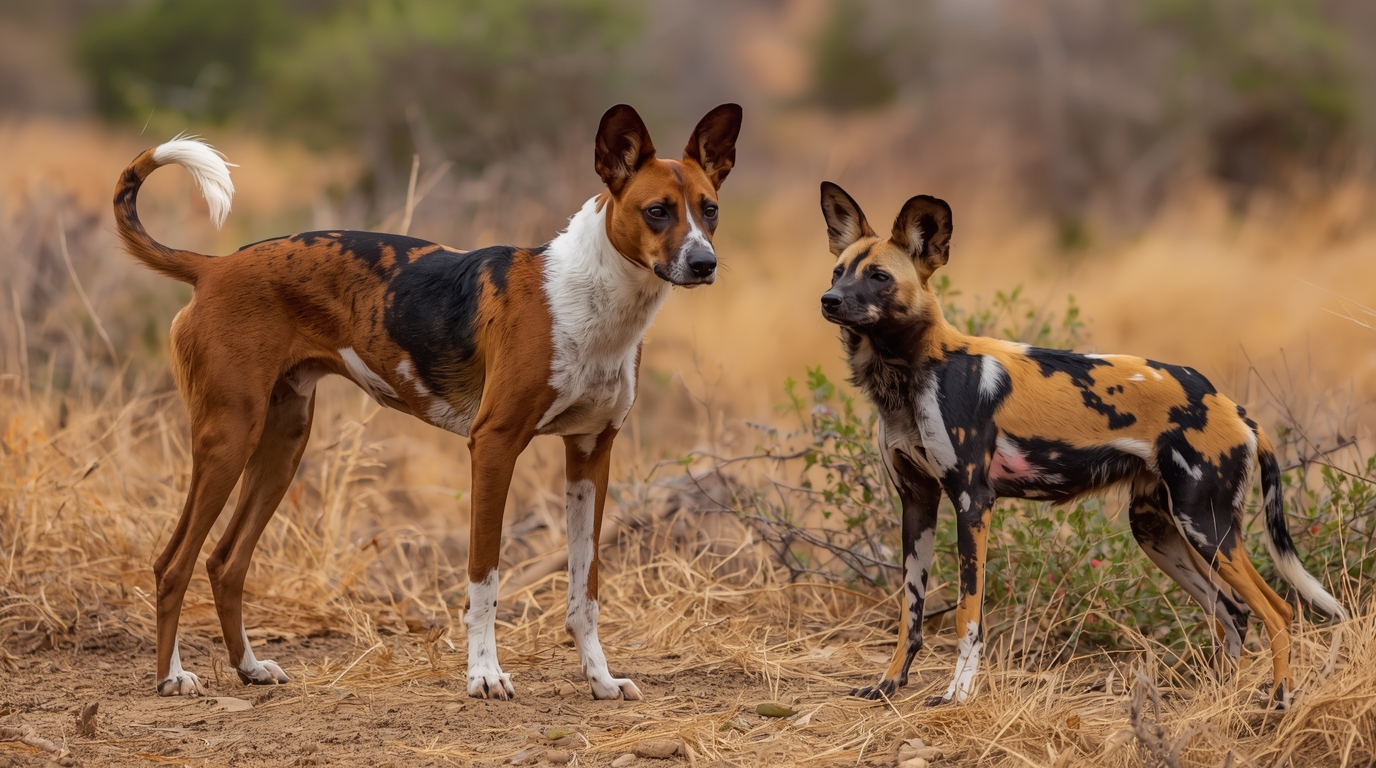 Basenji and African Wild Dog representing African dog breeds and cultural heritage