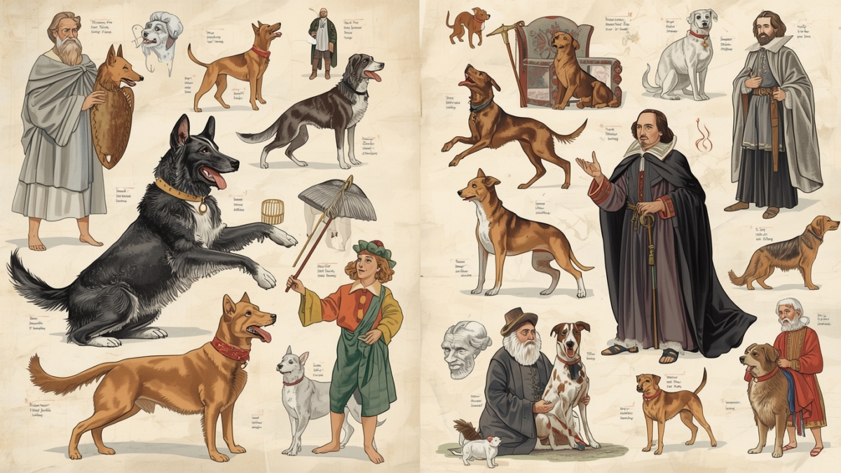 Illustration of dogs in literature showing scenes from Aesop’s fables and Shakespearean plays