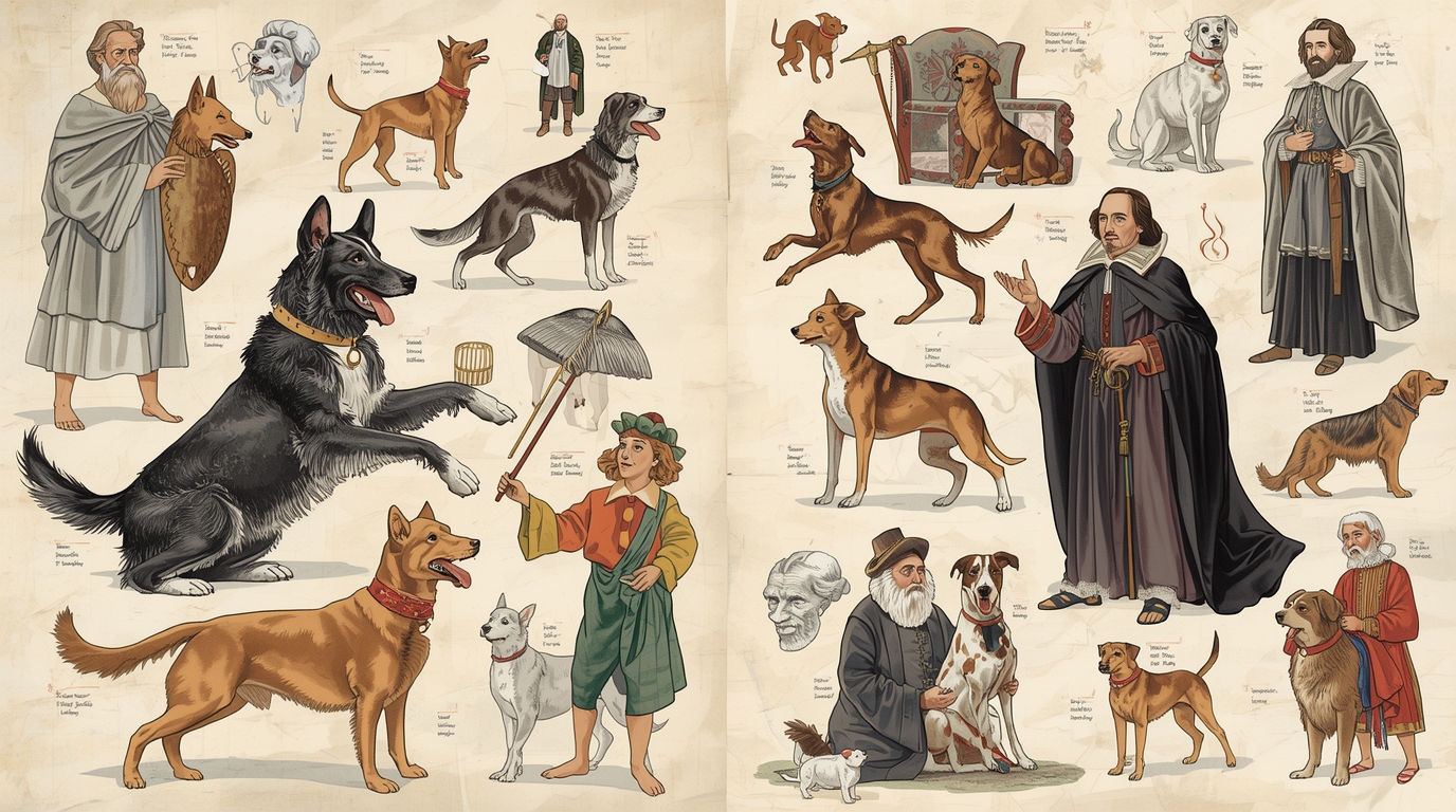 Illustration of dogs in literature showing scenes from Aesop’s fables and Shakespearean plays