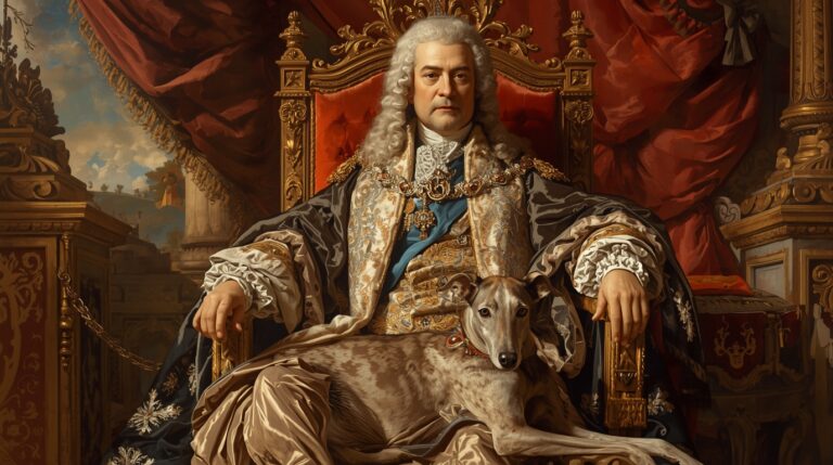 A regal oil painting of a queen with a small spaniel at her feet, symbolizing loyalty and nobility in royal art
