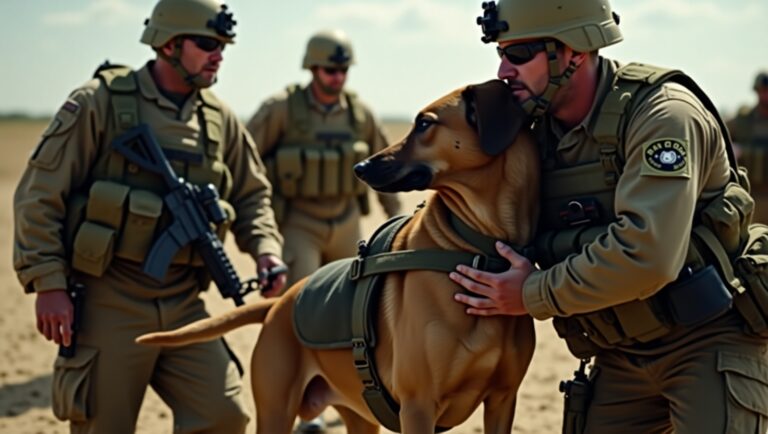 Military and service dogs working with soldiers and comforting veterans, symbolizing loyalty and courage.