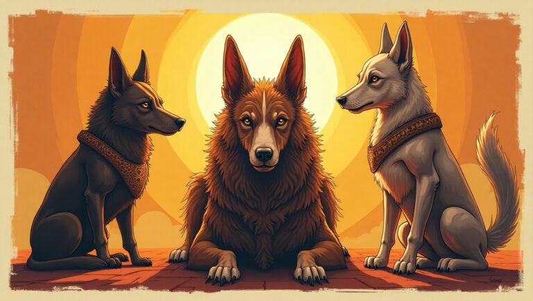 Ancient depiction of mythological dogs including Anubis, Cerberus, and Xolotl in spiritual contexts