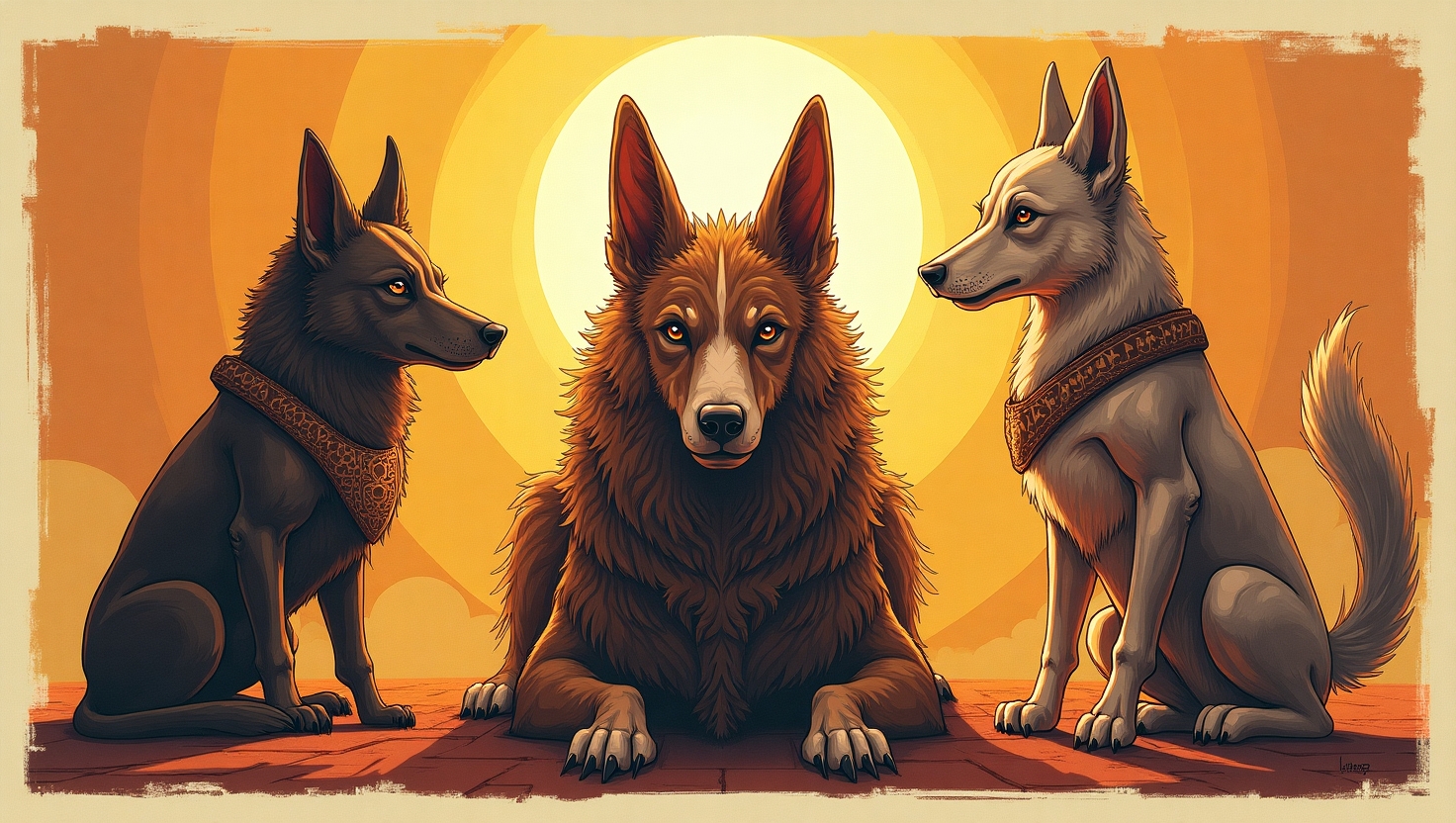 Ancient depiction of mythological dogs including Anubis, Cerberus, and Xolotl in spiritual contexts
