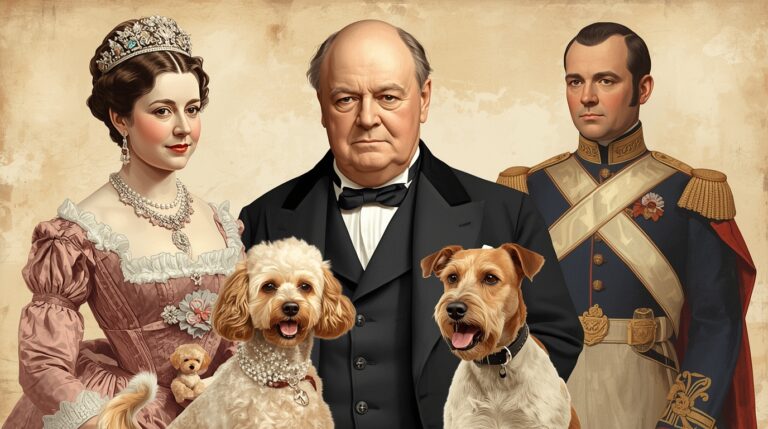 Queen Victoria with Dash, Winston Churchill with Rufus, and Napoleon Bonaparte with Fortune, showcasing the dogs of famous historical leaders