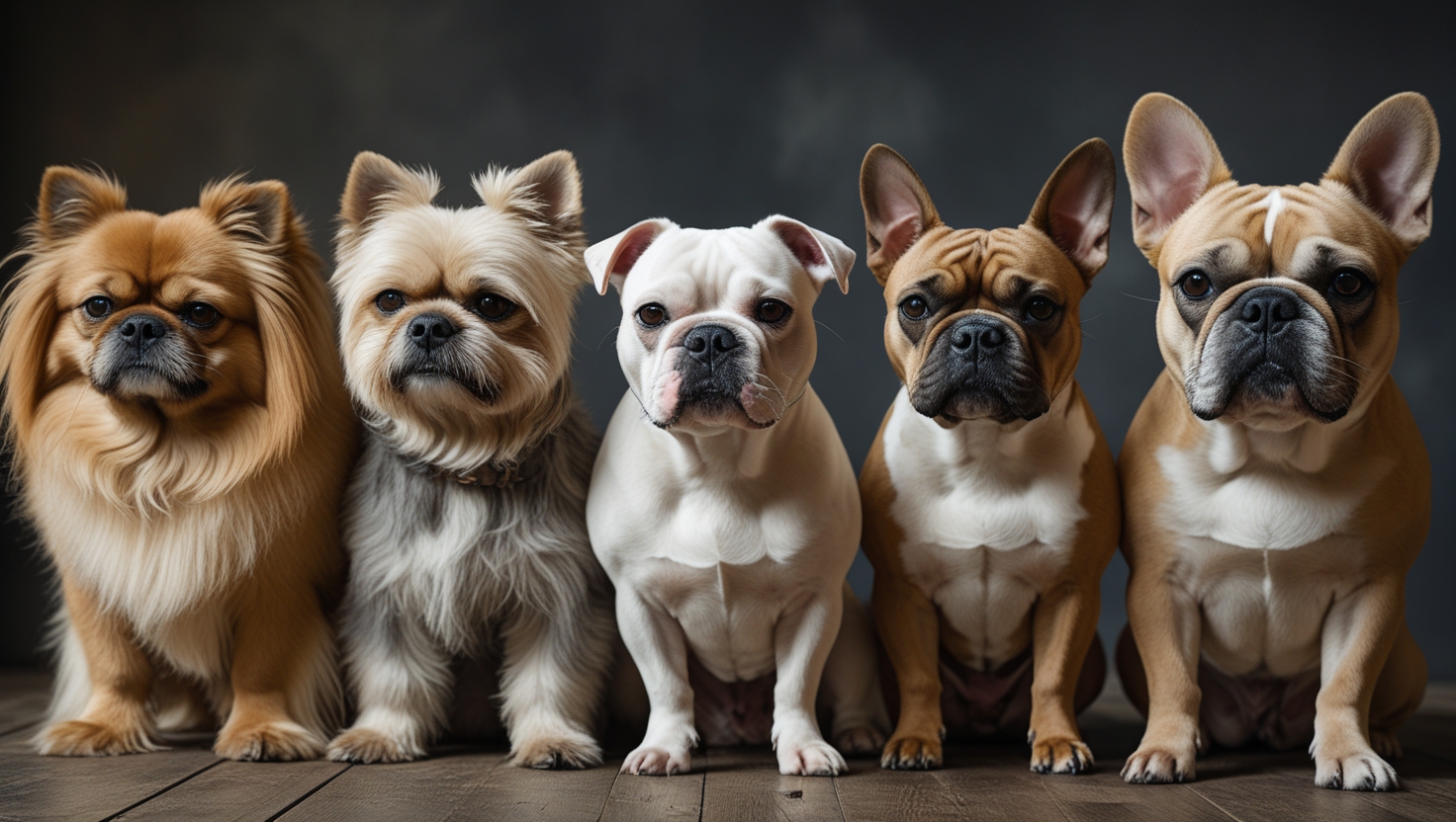 Pekingese, Maltese, Shih Tzu, and French Bulldog representing the evolution of companion dog breeds