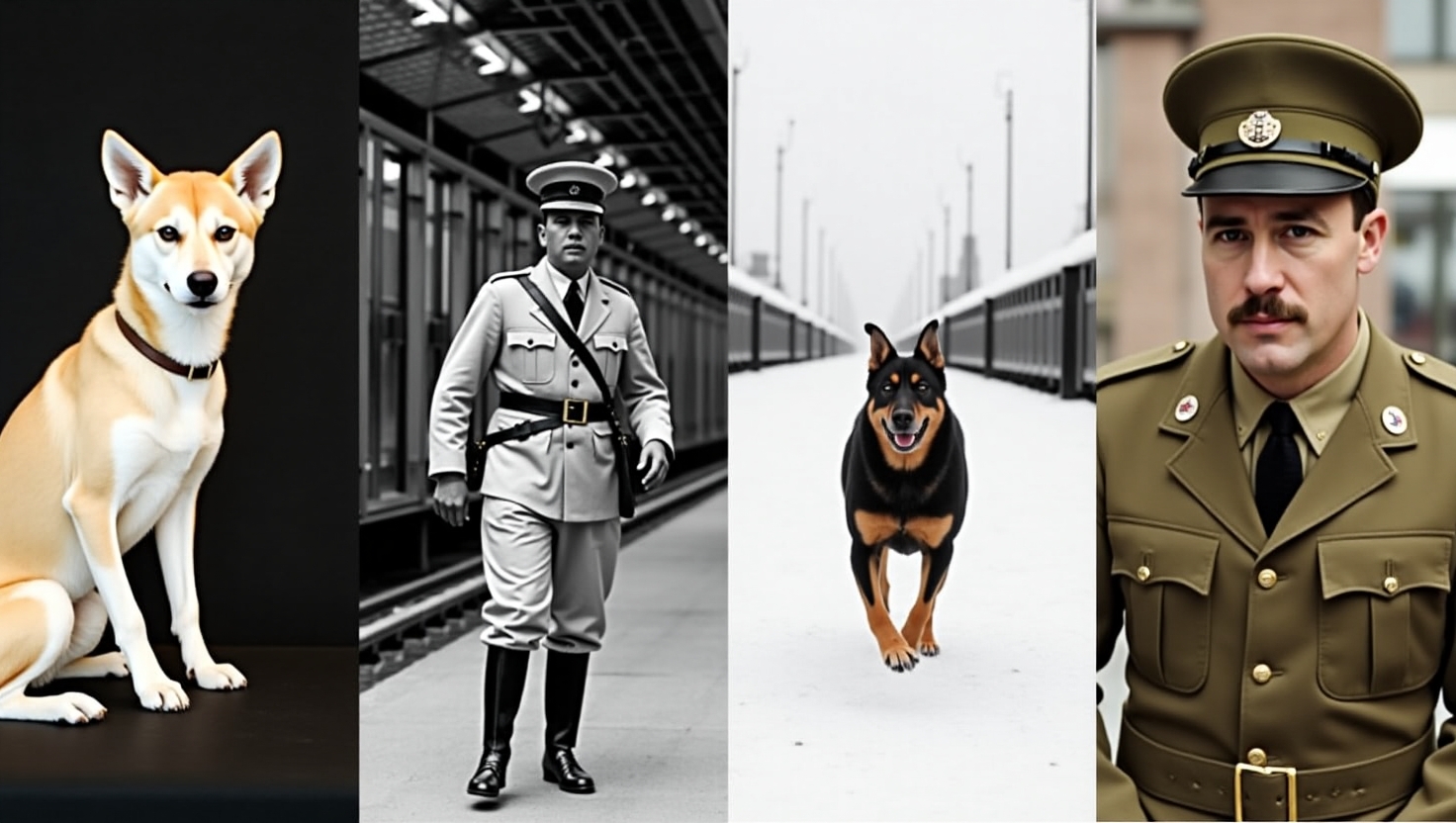 Illustration of famous dogs like Laika, Hachikō, Balto, and Sergeant Stubby with historical backdrops