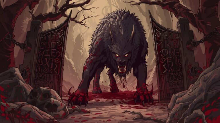 A chained black dog guarding the gates of Hel in Norse mythology