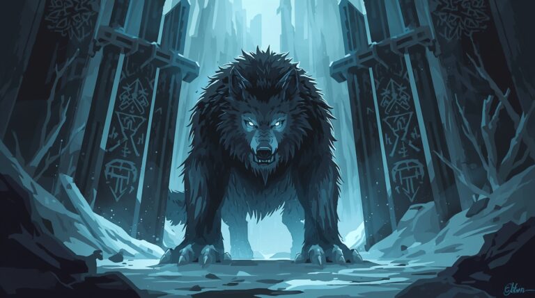 Norse mythology hellhound Garmr guarding the gates of Hel