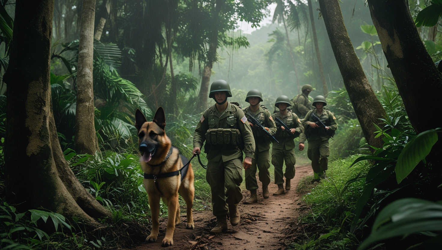 German Shepherd scout dog leading U.S. troops during jungle patrol in Vietnam War