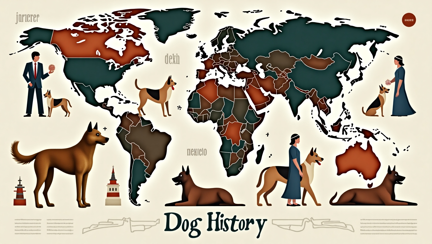 Illustrated map of the world showcasing regional dog breeds and historical developments in canine domestication