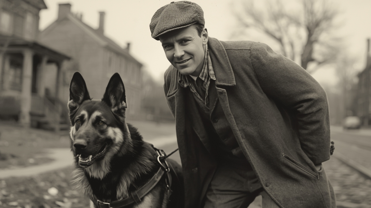 A blind man trains with his first Seeing Eye guide dog in 1929, marking the beginning of modern service dog history