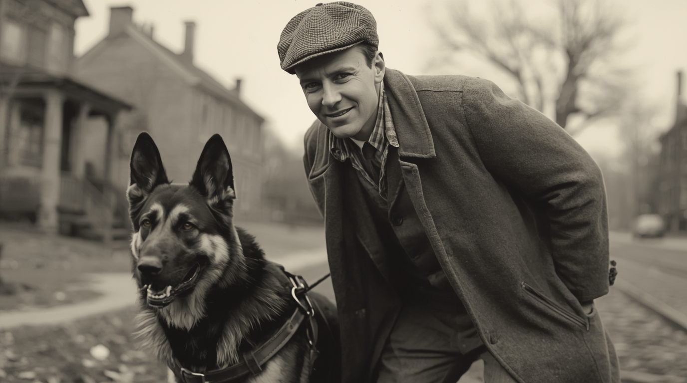 A blind man trains with his first Seeing Eye guide dog in 1929, marking the beginning of modern service dog history