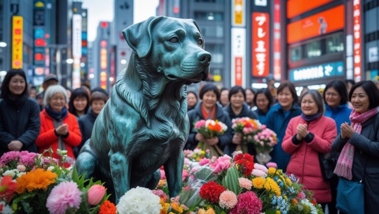 Tourists and locals gathered around the bronze Hachikō statue outside Shibuya Station in Tokyo