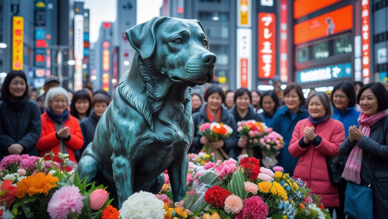 Tourists and locals gathered around the bronze Hachikō statue outside Shibuya Station in Tokyo