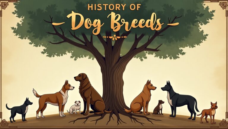 A timeline illustration of the evolution of dog breeds from ancient wolves to modern breeds like the Labrador and Saluki.