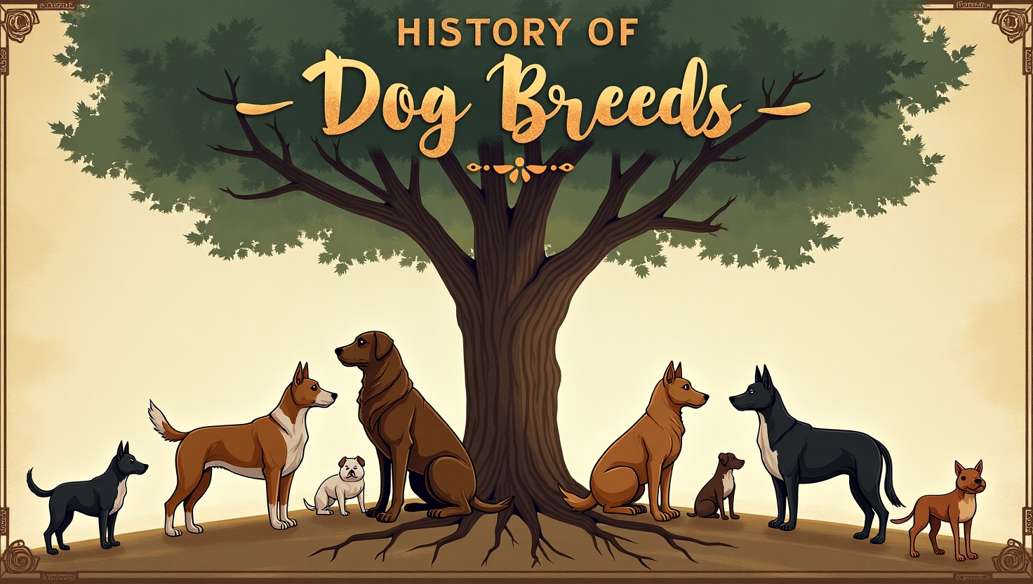 A timeline illustration of the evolution of dog breeds from ancient wolves to modern breeds like the Labrador and Saluki.