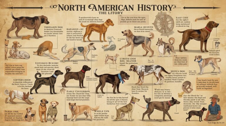 Illustration of Native American and colonial-era dogs alongside early North American humans in a natural landscape setting