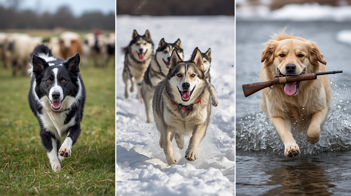 Border Collie herding sheep, Siberian Husky pulling sled, and Golden Retriever fetching game – the evolution of working dogs