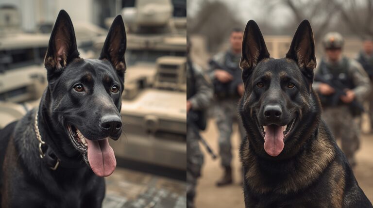 German Shepherds and Dobermans in military gear during WWII, contrasted with modern service dogs