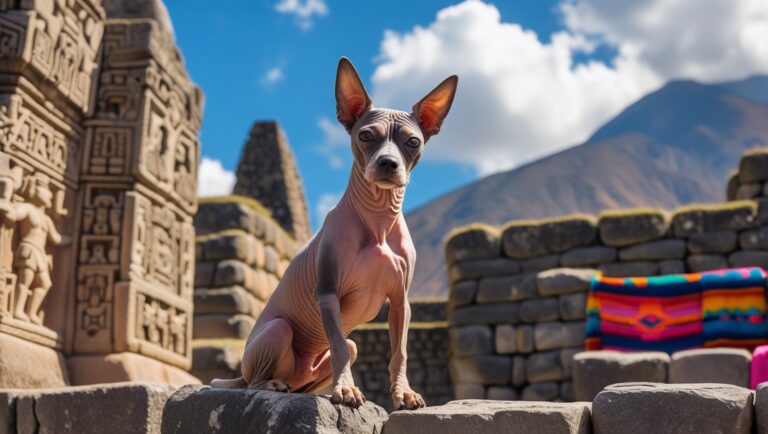 Peruvian Hairless Dog standing in front of Inca ruins in Cusco