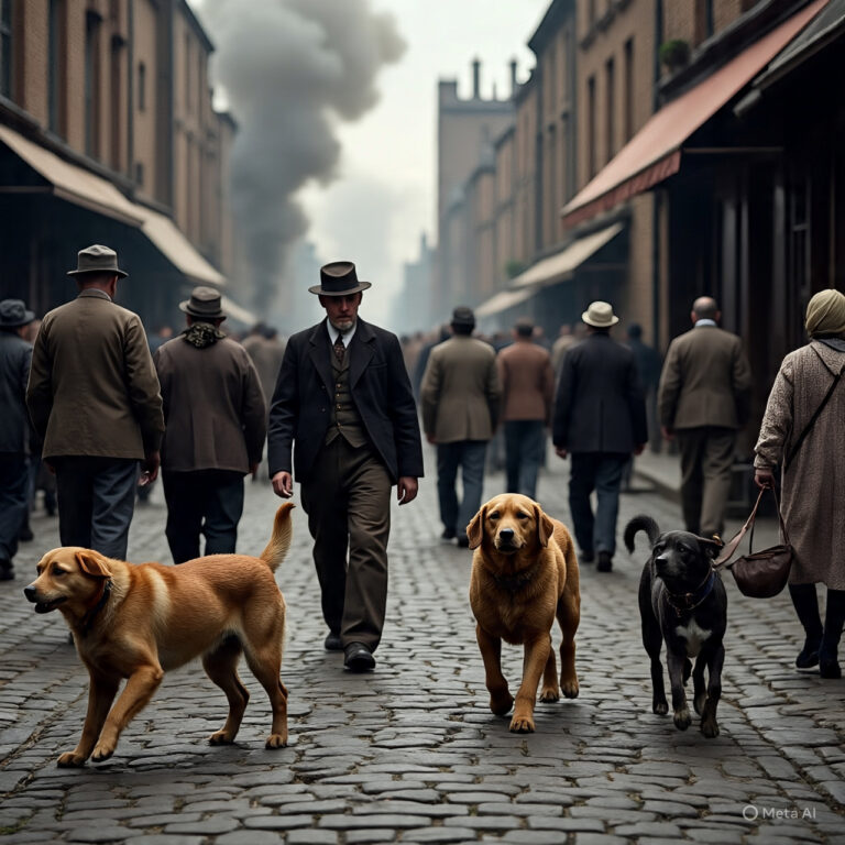 Historical depiction of dogs in crowded 19th-century industrial city streets
