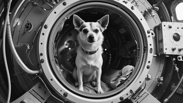 Soviet space dog Laika seated inside the Sputnik 2 module before launch in 1957