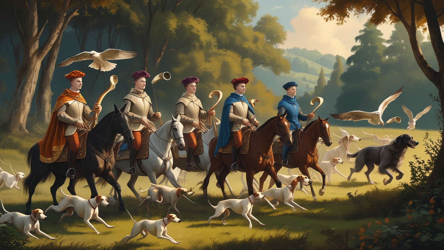 Illustration of nobles using hunting dogs and falcons in medieval Europe