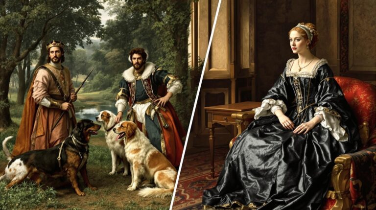 Illustration of medieval nobles with hunting dogs and Renaissance portraits featuring lapdogs