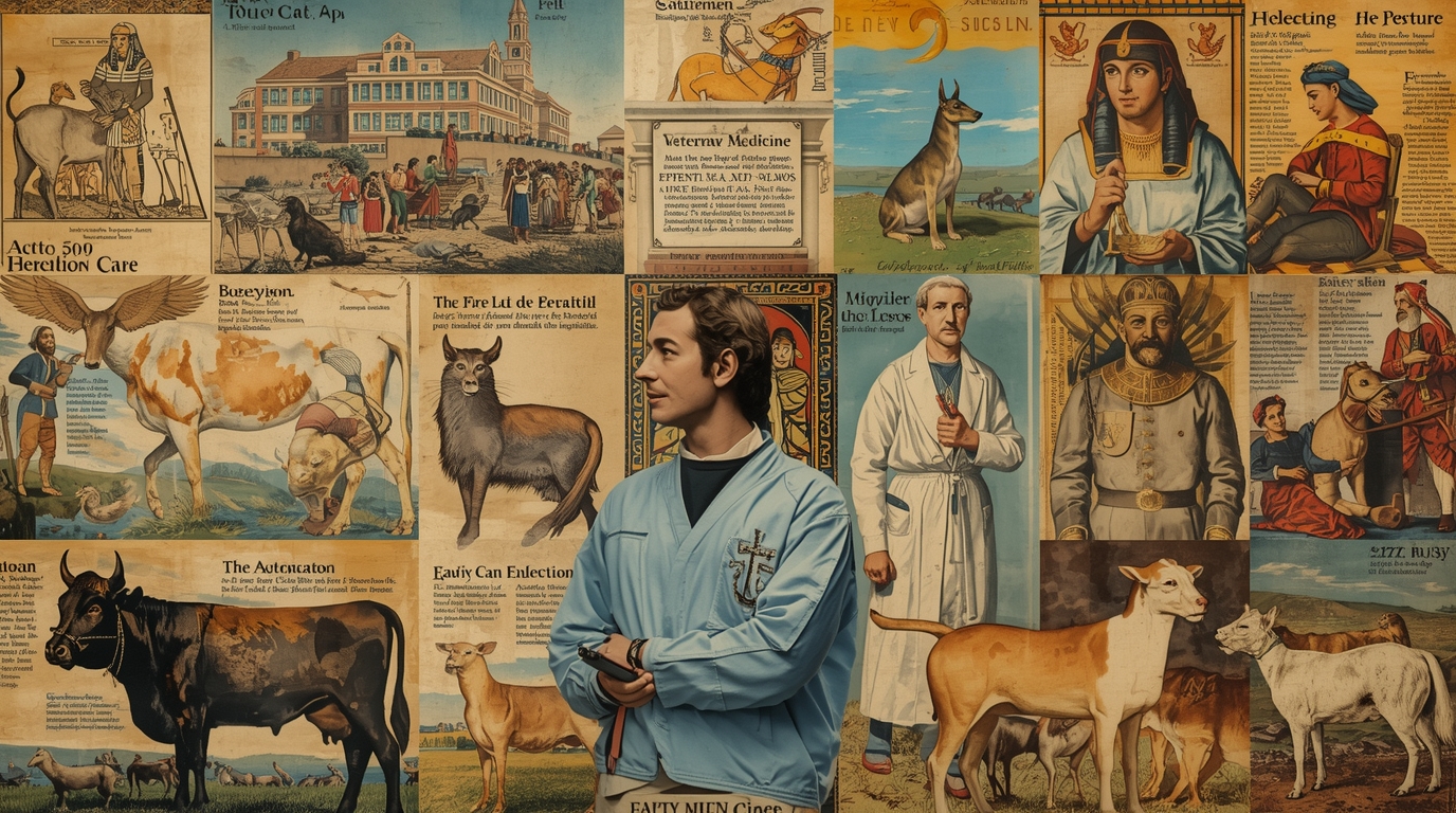 Illustration showing key milestones in veterinary history, from ancient animal care to modern veterinary medicine